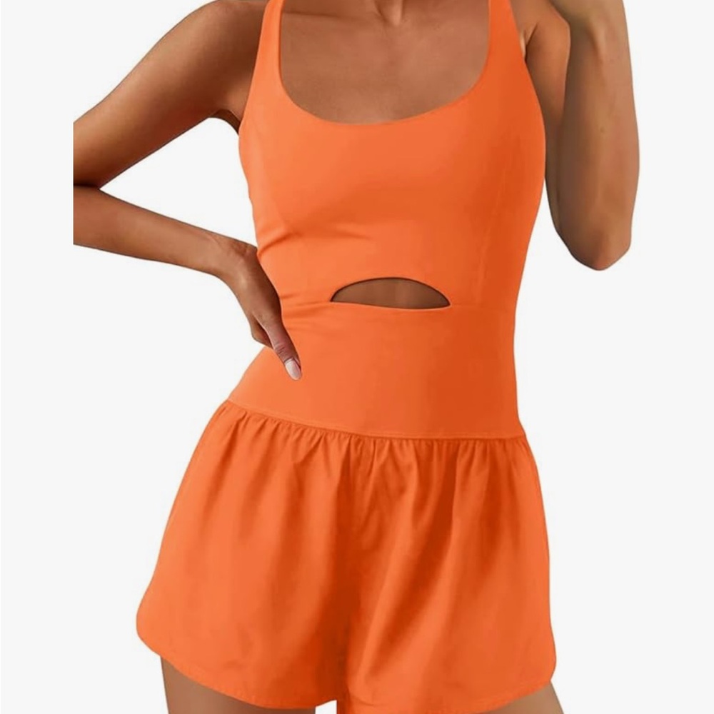 Orange Sleeveless Workout Romper with Compression Shorts